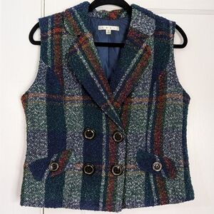 CAbi Blue Green Plaid Wool Blend Double Breasted Vest Size M